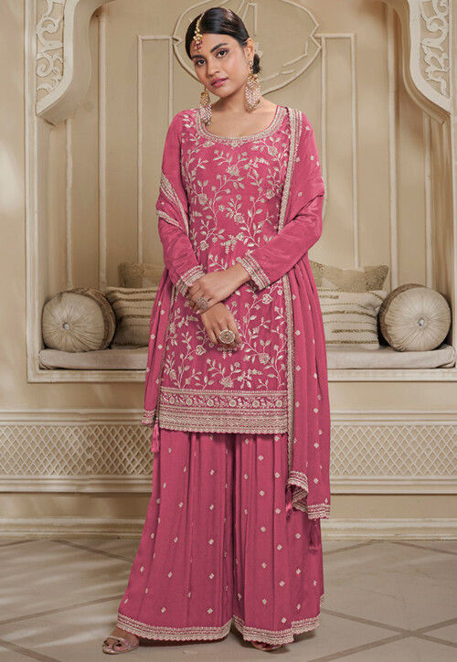 Embroidered Chinon Chiffon Pakistani Suit in Old Rose