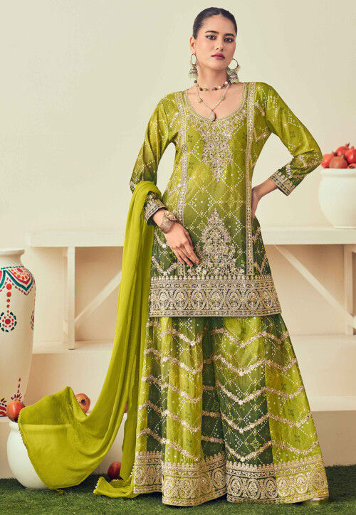 Embroidered Chinon Chiffon Pakistani Suit in Olive Green