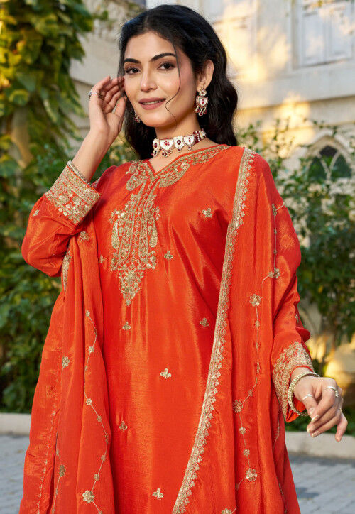 Buy Embroidered Chinon Chiffon Pakistani Suit in Orange Online : KQT217 ...