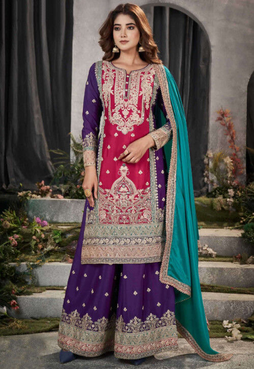Buy Embroidered Chinon Chiffon Pakistani Suit in Pink and Purple Online :  KCH12423 - Utsav Fashion