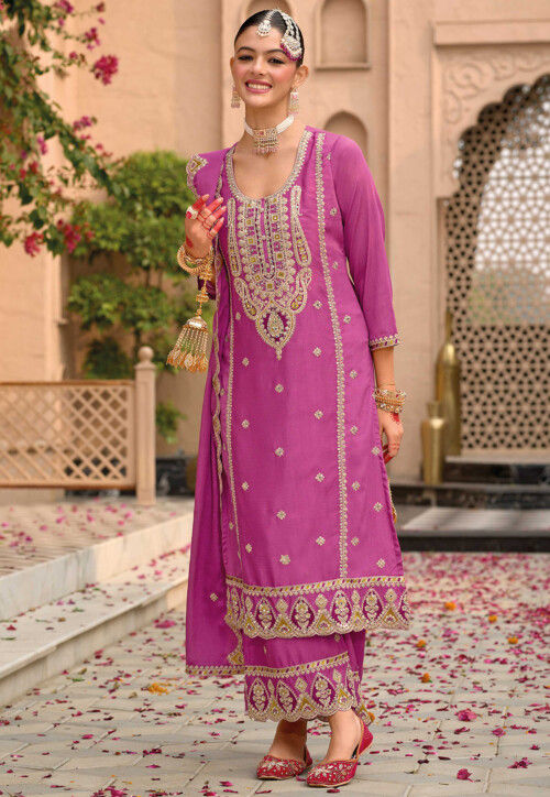 Embroidered Chinon Chiffon Pakistani Suit in Pink