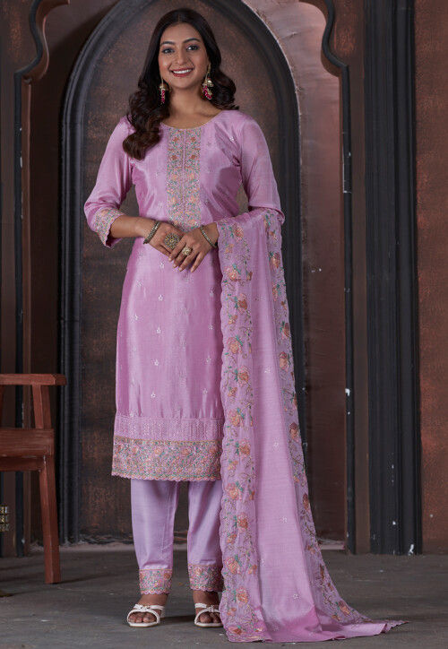 Embroidered Chinon Chiffon Pakistani Suit in Pink