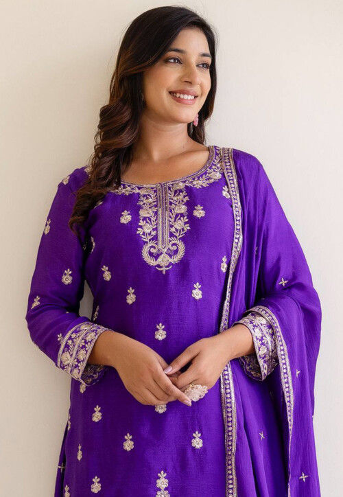 Embroidered Chinon Chiffon Pakistani Suit in Purple