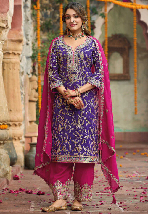 Embroidered Chinon Chiffon Pakistani Suit in Purple