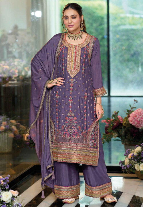 Embroidered Chinon Chiffon Pakistani Suit in Purple