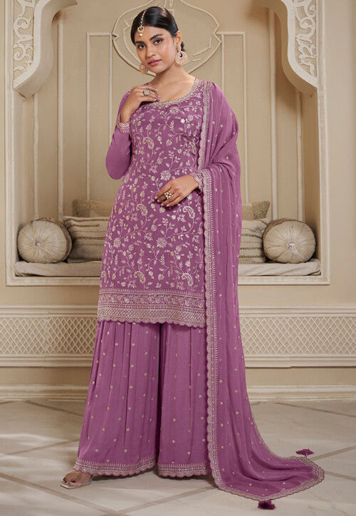 Embroidered Chinon Chiffon Pakistani Suit in Purple