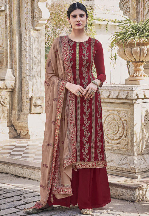 Embroidered Chinon Chiffon Pakistani Suit in Red : KCH7021