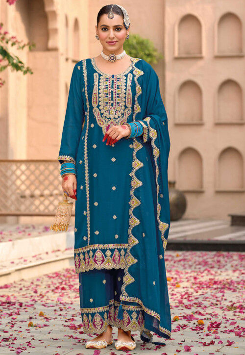 Embroidered Chinon Chiffon Pakistani Suit in Teal Blue