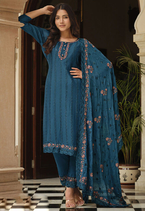 Embroidered Chinon Chiffon Pakistani Suit in Teal Blue