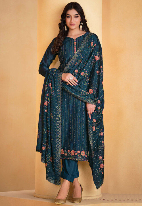 Buy Embroidered Chinon Chiffon Pakistani Suit in Teal Blue Online ...