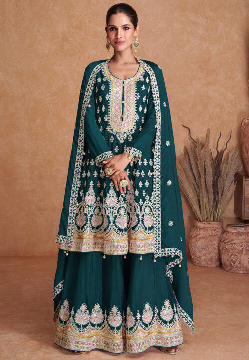 Buy Embroidered Chinon Chiffon Pakistani Suit in Teal Green Online ...