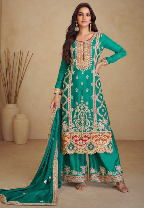 Embroidered Chinon Chiffon Pakistani Suit in Teal Green