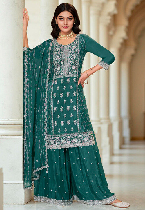 Buy Embroidered Chinon Chiffon Pakistani Suit in Teal Green Online