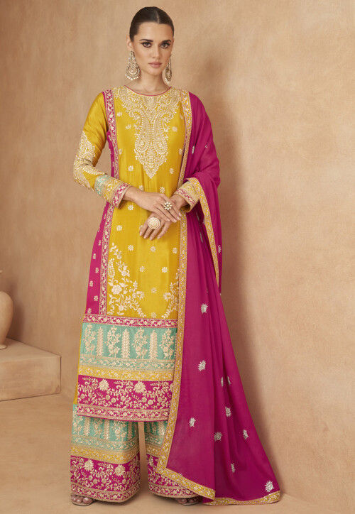 Embroidered Chinon Chiffon Pakistani Suit in Yellow and Red