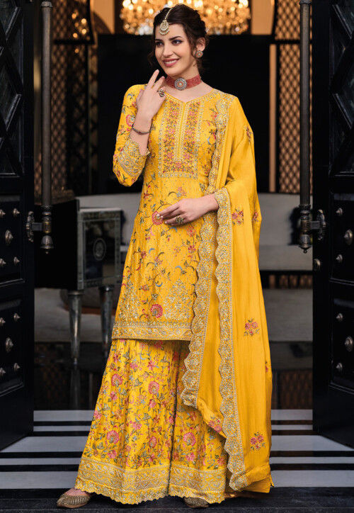 Wedding Festive Style Yellow Embroidered Chinnon Suit main image 1