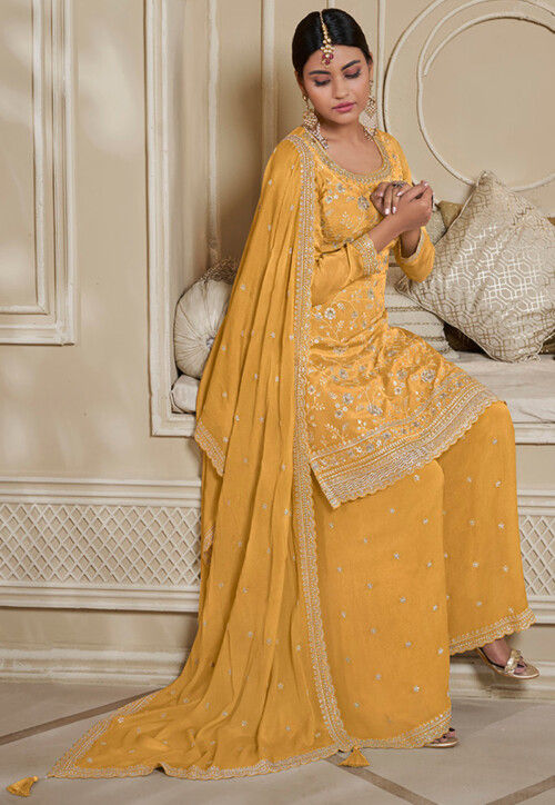 Yellow Chinon Silk Plazo Suit With Kameez & Dupatta For Indian & Pakistani Wedding Festival - Mirror, Stone & Dori With Thread & Sequence Work