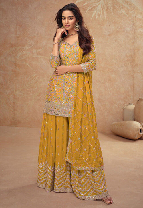 Embroidered Chinon Chiffon Pakistani Suit in Yellow