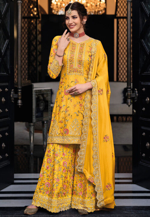 Embroidered Chinon Chiffon Pakistani Suit in Yellow