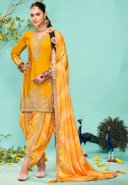 Embroidered Chinon Chiffon Punjabi Suit in Mustard