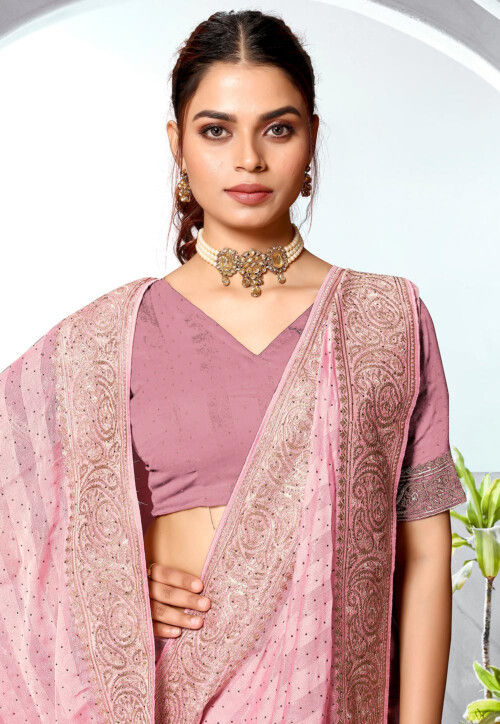 Embroidered Chinon Chiffon Saree in Pink