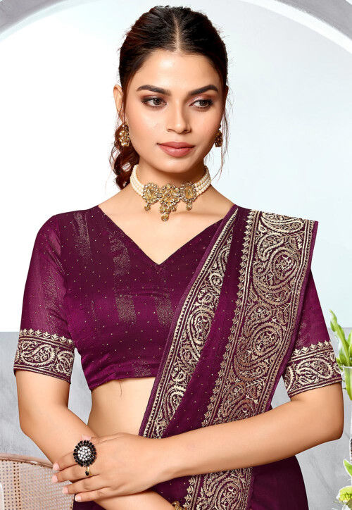Embroidered Chinon Chiffon Saree in Purple