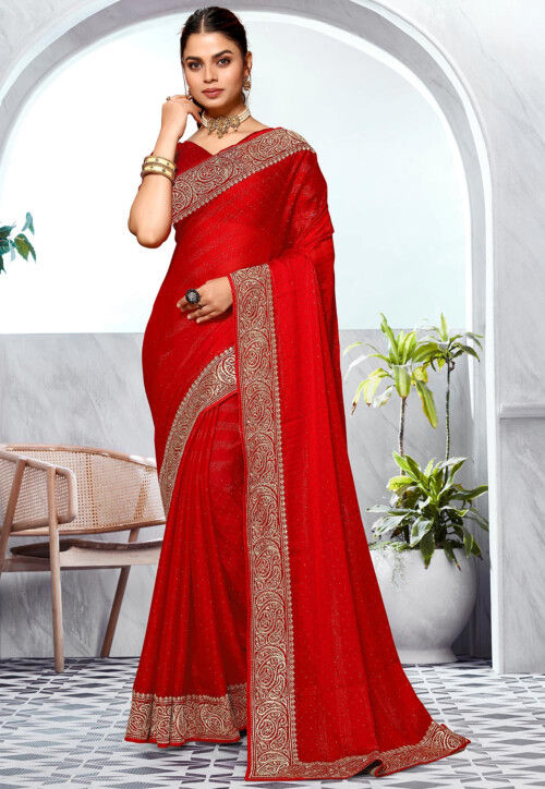 Embroidered Chinon Chiffon Saree in Red