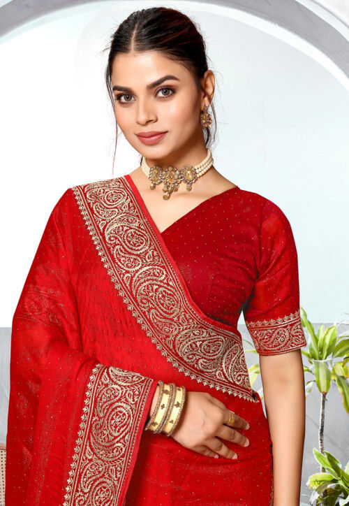 Embroidered Chinon Chiffon Saree in Red