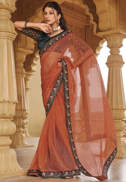 Farah Rust Brown Chiffon Floral Embroidered Border Ready to Wear Saree