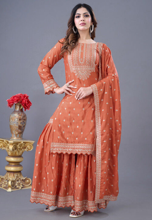 Embroidered Chinon Chiffon Scalloped Pakistani Suit in Orange