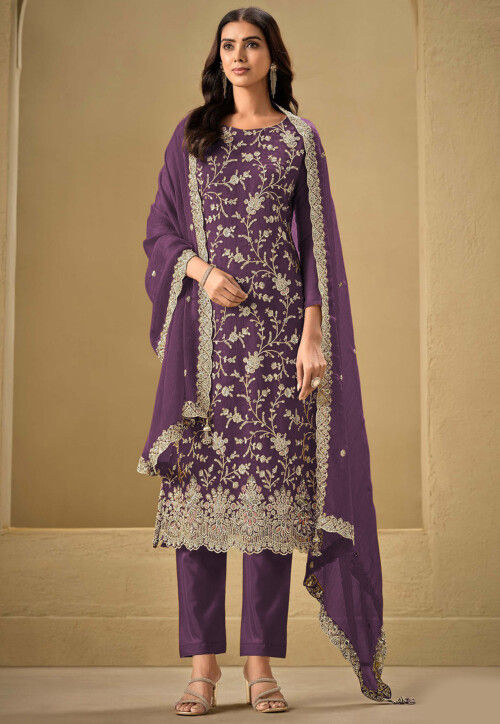 Embroidered Chinon Chiffon Scalloped Pakistani Suit in Purple