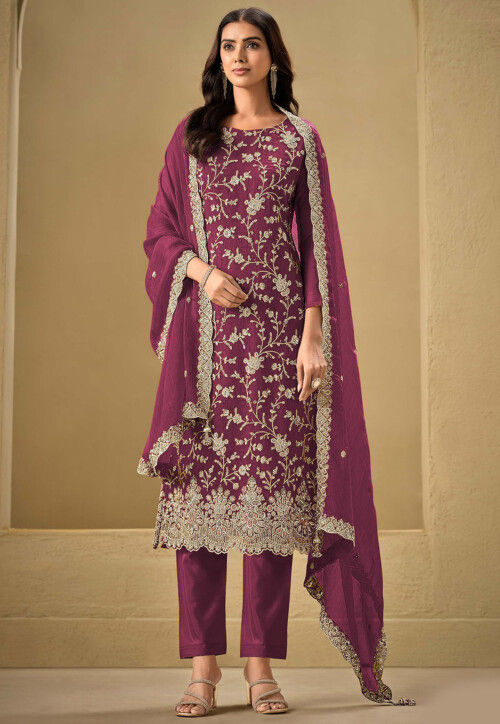 Embroidered Chinon Chiffon Scalloped Pakistani Suit in Wine