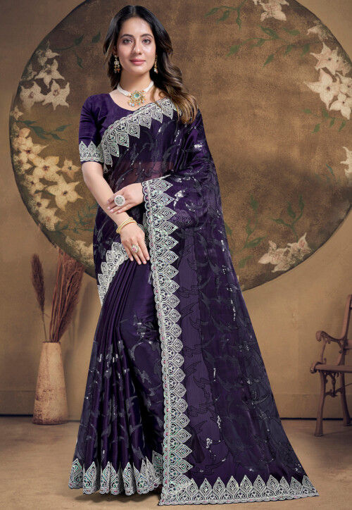 Embroidered Chinon Chiffon Scalloped Saree in Dark Purple