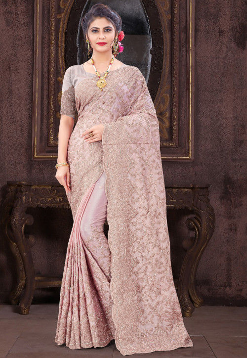 Embroidered Chinon Chiffon Scalloped Saree in Pink