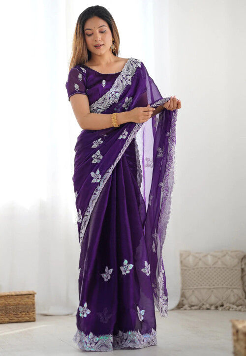 Embroidered Chinon Chiffon Scalloped Saree in Purple