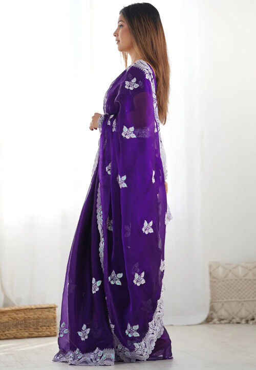 Embroidered Chinon Chiffon Scalloped Saree in Purple