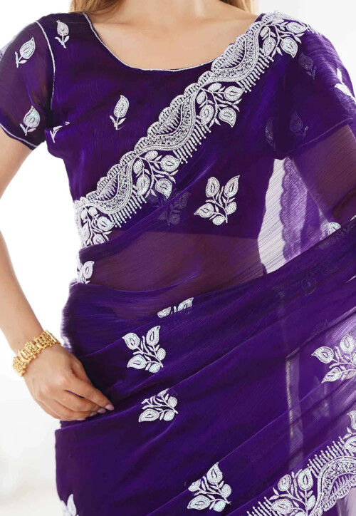 Embroidered Chinon Chiffon Scalloped Saree in Purple