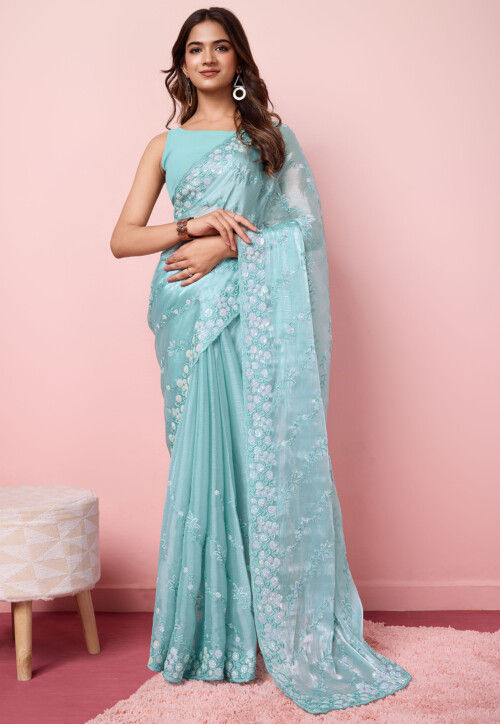 Embroidered Chinon Chiffon Scalloped Saree in Sky Blue
