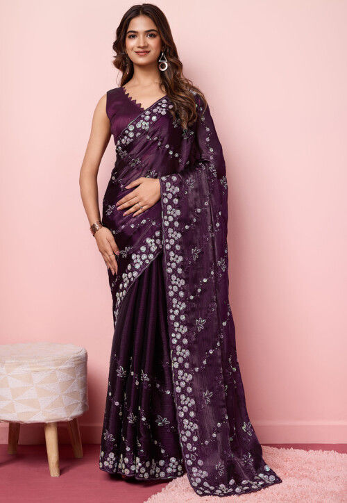 Embroidered Chinon Chiffon Scalloped Saree in Wine