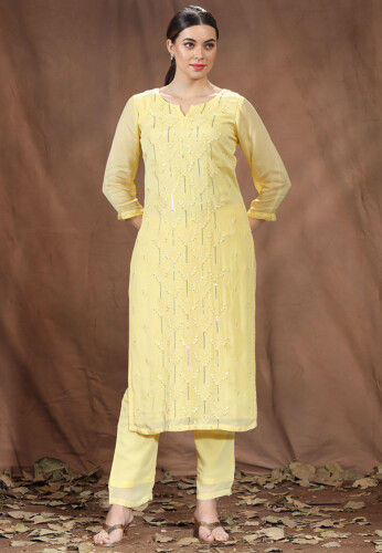 Embroidered Chinon Chiffon Straight Kurta in Yellow