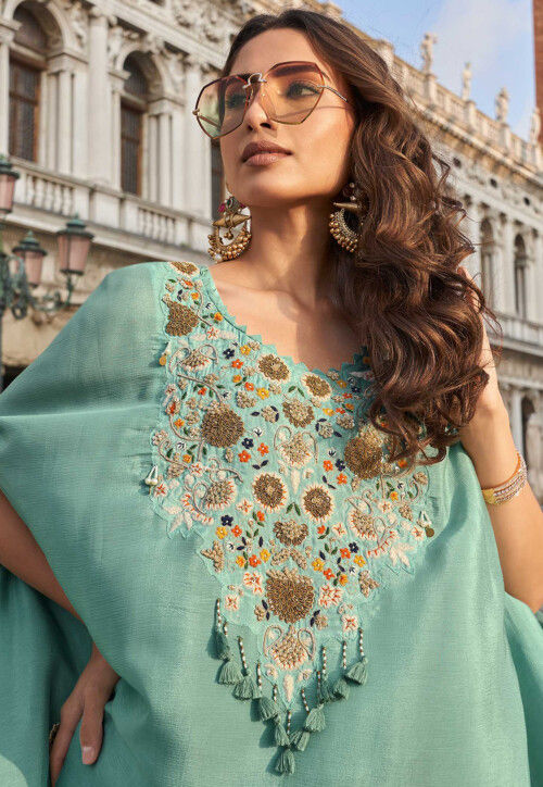 Embroidered Chinon Chiffon Tunic Set in Green
