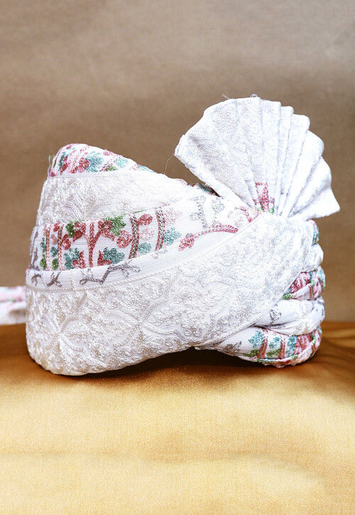 Embroidered Chinon Chiffon Turban in White