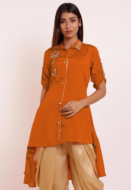 Embroidered Chinon Crepe High Low Kurti in Mustard