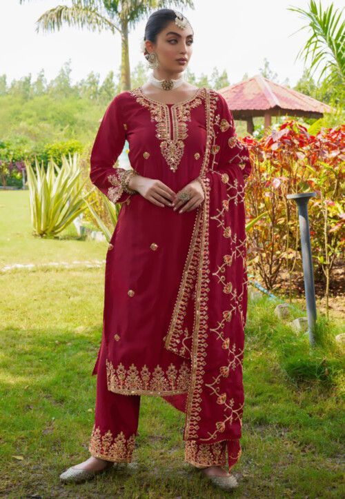 Embroidered Chinon Crepe Pakistani Suit in Maroon