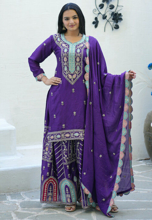 Embroidered Chinon Crepe Pakistani Suit in Purple