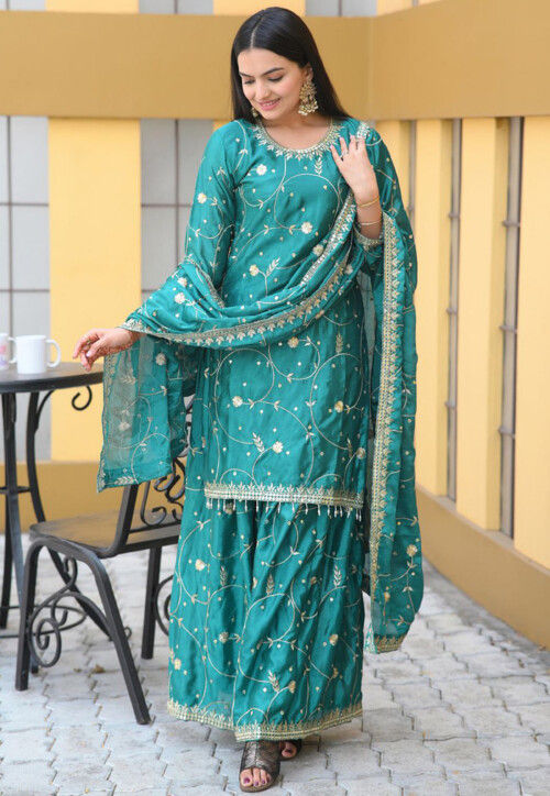 Embroidered Chinon Crepe Pakistani Suit in Turquoise