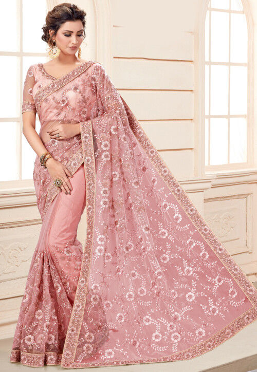 Embroidered Chinon Crepe Saree in Peach