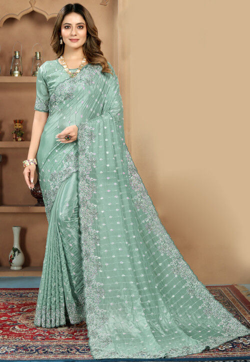 Embroidered Chinon Crepe Scalloped Saree in Dusty Green
