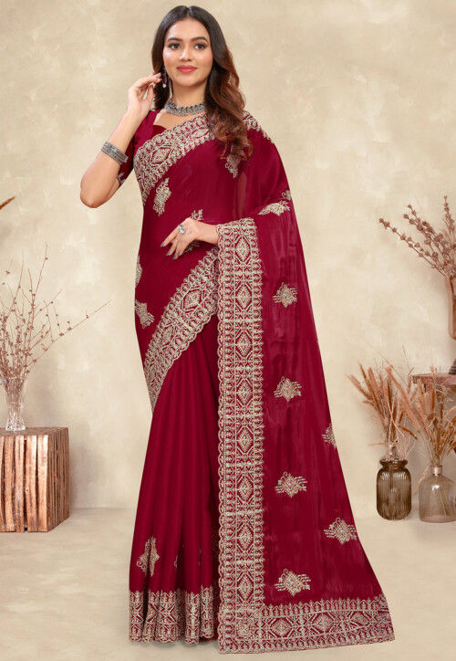 Embroidered Chinon Crepe Scalloped Saree in Maroon