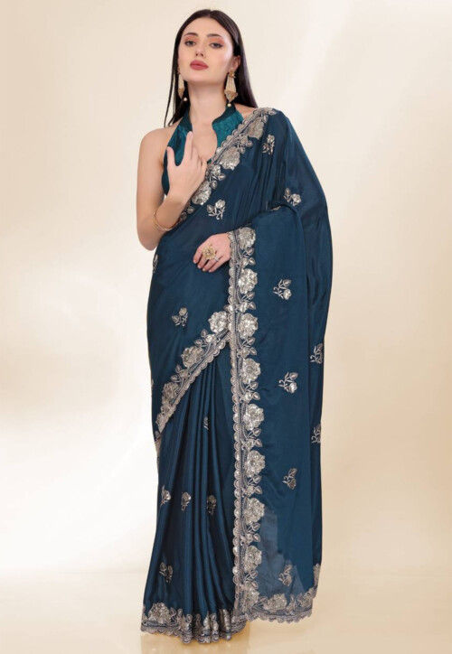 Embroidered Chinon Crepe Scalloped Saree in Teal Blue
