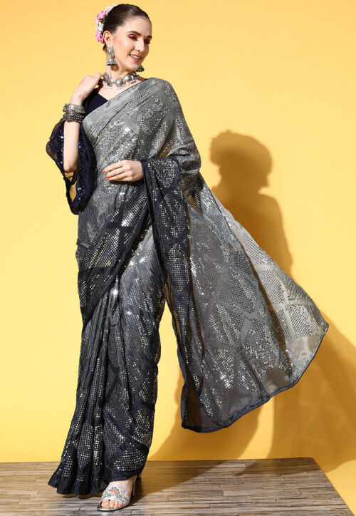 Embroidered Chinon Saree in Grey and Black